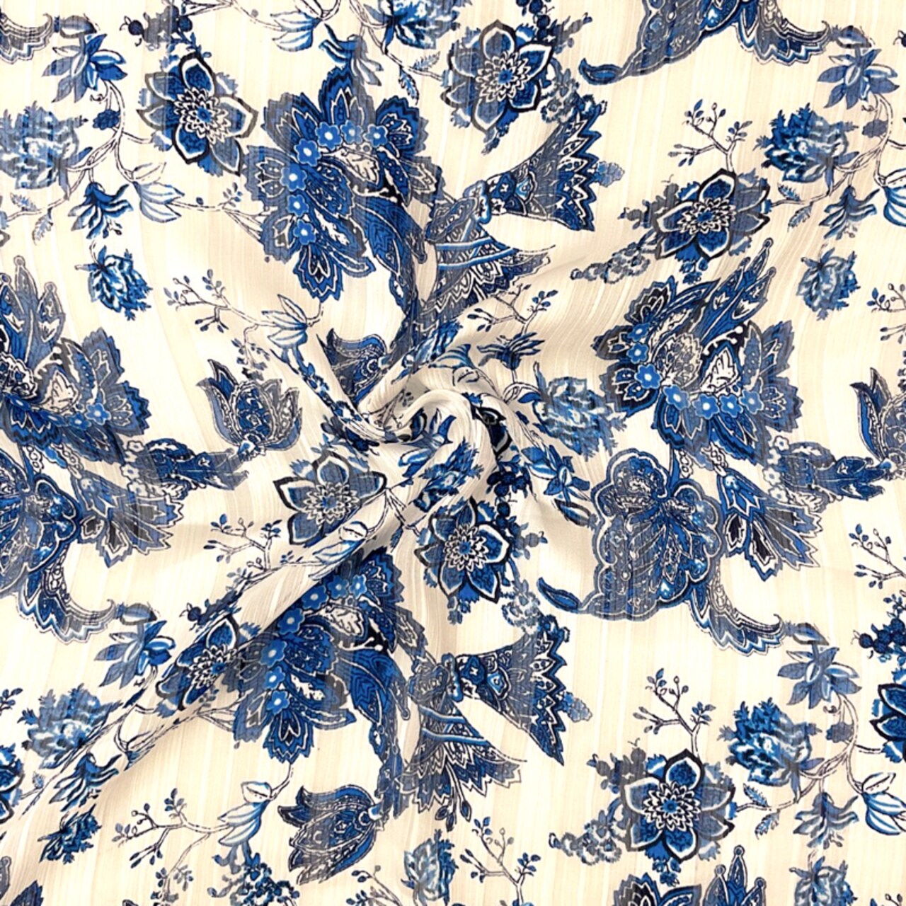 Blue-Multi Poly Floral Printed Satin Stripe Chiffon Woven Fabric By the Yard